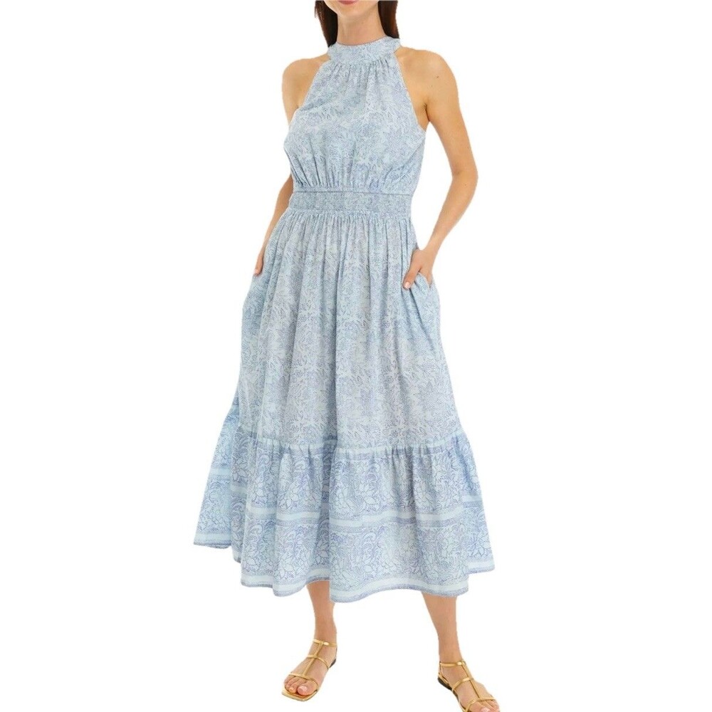 Wonderly Maxi Dress XL Blue Floral Boho Smocked Halter NWT